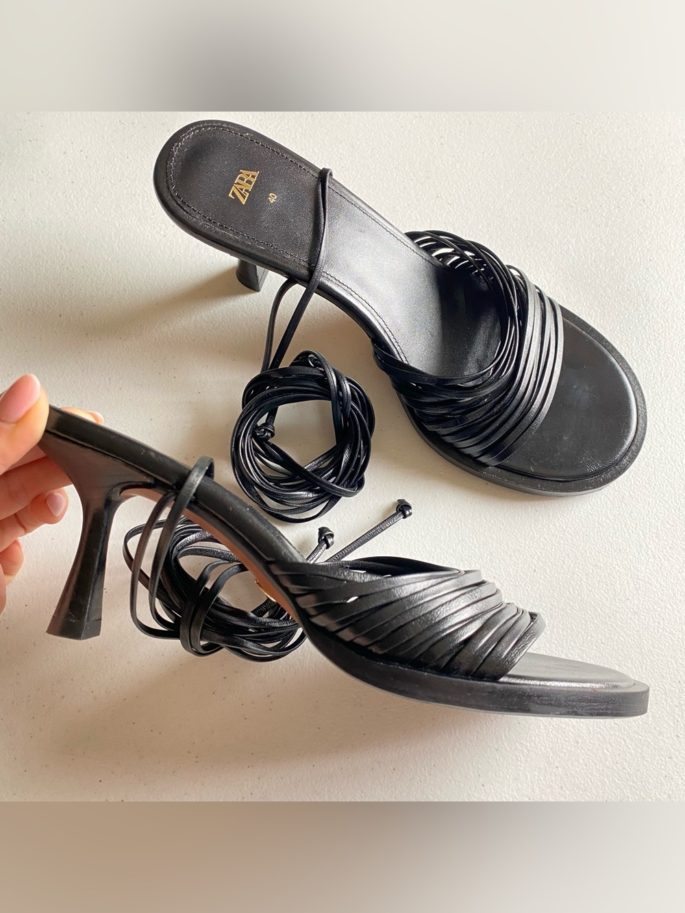 Zara Size 40 Black Faux Leather Strappy Lace-up Rounded Open Toe Stiletto Heel